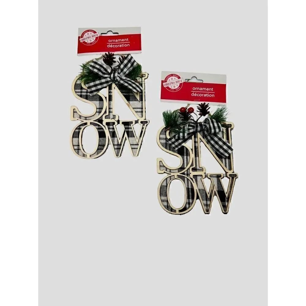 Plaid SNOW Rustic Farmhouse Christmas Holiday Ornaments Black and White 5 Inches